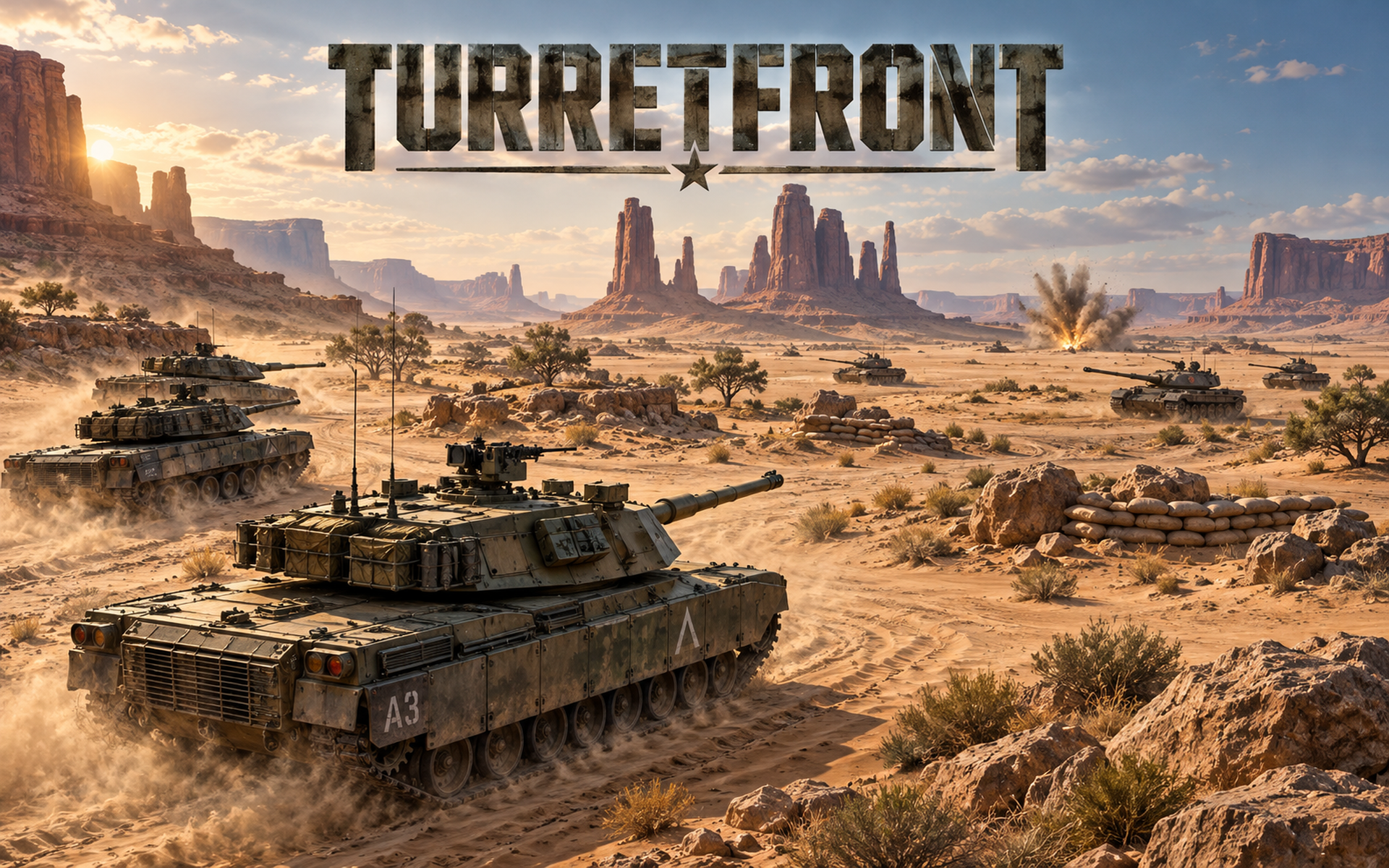 TurretFront — tanks advancing through a desert battlefield